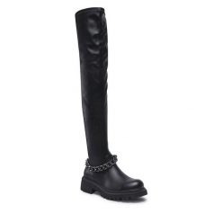 Muszkieterki DeeZee. Czarne kozaki damskie DeeZee, bez wzorów, bez obcasa, na płaskiej podeszwie, bez zapięcia. Za 159.99 zł.