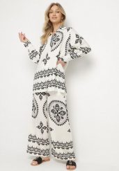 Beżowo-Czarny Wiskozowy Komplet w Etniczny Wzór Koszula i Szerokie Spodnie Pasilia. Brązowe koszule damskie Born2be, l, z aplikacjami, z wiskozy, eleganckie, bez kołnierzyka, bez ramiączek. Za 99.99 zł.