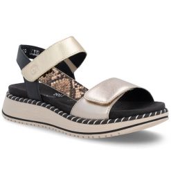 Skórzane sandały damskie metaliczne złote Remonte by Rieker D3J50-90. Żółte sandały damskie Remonte, bez wzorów, z tkaniny, bez obcasa, bez zapięcia. Za 359.00 zł.