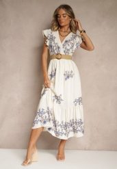 Biało-Niebieska Kopertowa Sukienka z Wiskozy Ozdobiona Haftem i Paskiem Nilatea. Białe sukienki damskie Renee, l, bez wzorów, z materiału, eleganckie, bez kołnierzyka, bez ramiączek, midi, kopertowe. Za 99.99 zł.