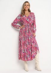 Ciemnoróżowa Plisowana Sukienka z Gumką w Pasie i Wzorem Paisley Carella. Czerwone sukienki damskie Born2be, l, z aplikacjami, z materiału, eleganckie, bez kołnierzyka, bez ramiączek, maxi, kopertowe. Za 89.99 zł.