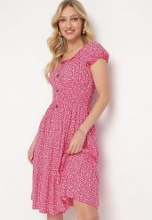 Fuksjowa Bawełniana Sukienka w Drobne Kwiaty z Gumkami w Talii Fielita. Czerwone sukienki damskie Born2be, na spotkanie biznesowe, na lato, m, bez wzorów, z bawełny, eleganckie, bez kołnierzyka, bez ramiączek, mini. Za 39.99 zł.