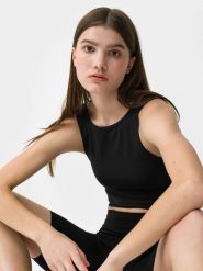 4F Crop top z wycięciem na plecach damski XL. Brązowe topy damskie 4F, xl, bez wzorów, z dzianiny, bez kołnierzyka, bez ramiączek. W wyprzedaży za 29.99 zł.