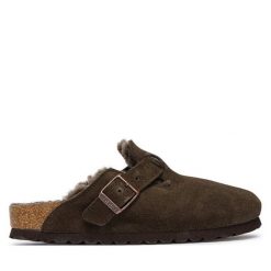 Klapki Birkenstock. Brązowe klapki damskie Birkenstock, bez wzorów, bez obcasa, bez zapięcia. Za 854.99 zł.