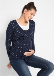 Sweter ciążowy i do karmienia piersią 2w1 z cienkiej dzianiny. Niebieskie swetry nierozpinane damskie bonprix, bez wzorów, z dzianiny, eleganckie, bez kołnierzyka, moda ciążowa, bez ramiączek. Za 119.99 zł.
