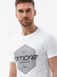 T-shirt męski bawełniany z nadrukiem - biały V1 - Rozmiar: XXL. Białe t-shirty męskie Ombre Clothing, m, bez wzorów, z bawełny, bez kołnierzyka, bez ramiączek. W wyprzedaży za 19.99 zł.