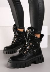 Czarne Botki na Platformie Ozdobione Pikowaniem i Tłoczoną Podeszwą Lerilisa. Czarne botki damskie Renee, z aplikacjami, z jeansu, eleganckie, bez obcasa, na obcasie, bez zapięcia. Za 59.99 zł.