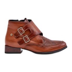 Skórzane Botki Na Niskim Obcasie Z Klamrami Maciejka 06696-02 Brązowe. Brązowe botki damskie bez wzorów, ze skóry, eleganckie, bez obcasa, bez zapięcia. Za 605.35 zł.