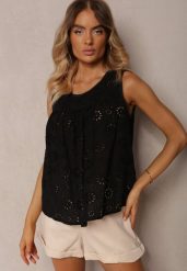 Czarna Ażurowa Bluzka Top z Bawełny Bez Rękawów Aalnea. Czarne topy damskie Renee, l, w ażurowe wzory, z bawełny, eleganckie, bez kołnierzyka, bez ramiączek. Za 39.99 zł.