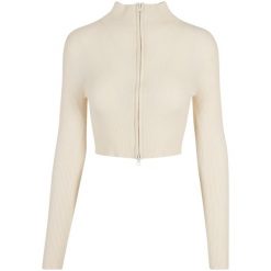 Damski dzianinowy prążkowany kardigan z krótkim zamkiem błyskawicznym Urban Clas. Białe kardigany damskie Urban Classics, xl, bez wzorów, z dzianiny, bez kołnierzyka. Za 165.00 zł.
