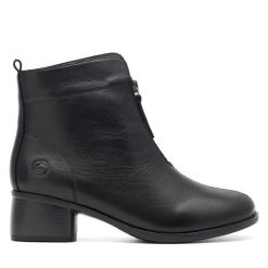Botki Remonte. Czarne botki damskie Remonte, bez wzorów, bez obcasa, na słupku, bez zapięcia. Za 429.99 zł.