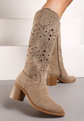 Szare Ażurowe Kozaki w Stylu Boho na Słupku z Wkładką z Naturalnej Skóry Idracasa. Brązowe kozaki damskie Renee, w ażurowe wzory, ze skóry, ze szpiczastym noskiem, bez obcasa, na obcasie, bez zapięcia. Za 199.99 zł.