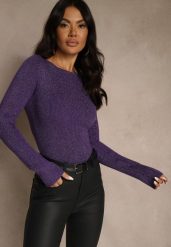 Fioletowy Sweter z Wiskozą Ozdobiony Metaliczną Nitką Liatolla. Fioletowe swetry nierozpinane damskie Renee, s, bez wzorów, z jeansu, casualowe, bez kołnierzyka, bez ramiączek. Za 79.99 zł.