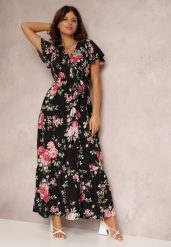 Czarna Sukienka w Kwiaty o Kopertowym Kroju z Wiązanym Paskiem Iphene. Czarne sukienki damskie Renee, na co dzień, na lato, l, bez wzorów, eleganckie, bez kołnierzyka, bez ramiączek, maxi, kopertowe. Za 59.99 zł.