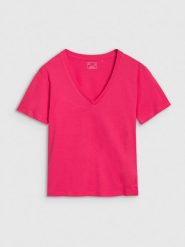 4F T-shirt oversize z modalem damski - różowy M. Czerwone t-shirty damskie 4F, m, bez wzorów, z bawełny, klasyczne, bez kołnierzyka, bez ramiączek. W wyprzedaży za 39.99 zł.