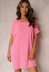 Różowa Sukienka Mini o Fasonie Nietoperza z Okrągłym Dekoltem Maglia. Czerwone sukienki damskie Renee, bez wzorów, bez kołnierzyka, bez ramiączek, mini. Za 49.99 zł.