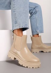 Beżowe Botki na Platformie w Stylu Sztybletów z Gumką i Metalicznym Wykończeniem Lerives. Brązowe botki damskie Renee, bez wzorów, eleganckie, bez obcasa, na platformie, bez zapięcia. Za 109.99 zł.