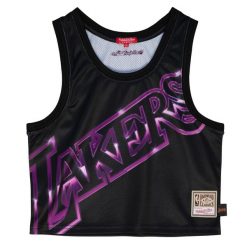 Damska koszulka crop Lakers big face 4.0. Czarne bluzki damskie Mitchell & Ness, bez wzorów, sportowe, bez kołnierzyka, bez ramiączek. Za 264.50 zł.