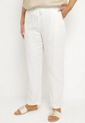 Białe Spodnie z Lnem i Elastyczną Gumką w Pasie Nativena. Białe spodnie materiałowe damskie Born2be, bez wzorów, z jeansu, plus size. Za 79.99 zł.