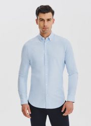 Niebieska koszula męska. Niebieskie koszule męskie Pako Lorente, l, bez wzorów, z bawełny, bez kołnierzyka, bez ramiączek. Za 149.99 zł.