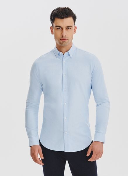 Niebieska koszula męska. Niebieskie koszule męskie Pako Lorente, l, bez wzorów, z bawełny, bez kołnierzyka, bez ramiączek. Za 149.99 zł.