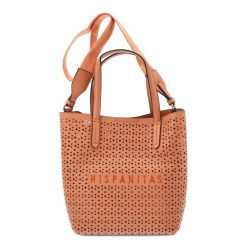 Pomarańczowa Ażurowa Damska Torebka Hispanitas. Brązowe shopperki damskie Hispanitas, w ażurowe wzory, ze skóry ekologicznej, na ramię, bez dodatków. Za 449.00 zł.