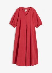 Sukienka midi z czystej bawełny. Czerwone sukienki damskie bonprix, bez wzorów, z bawełny, bez kołnierzyka, bez ramiączek, midi, rozkloszowane. Za 147.99 zł.