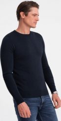 Ombre Klasyczny sweter męski z okrągłym dekoltem - granatowy V9 OM-SWBS-0106 XL. Niebieskie swetry męskie Ombre, m, bez wzorów, klasyczne, bez kołnierzyka, bez ramiączek. Za 119.99 zł.