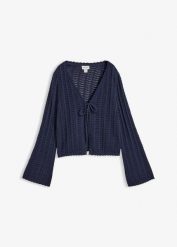 Kardigan w ażurowy wzór. Niebieskie kardigany damskie bonprix, w ażurowe wzory, bez kołnierzyka. Za 129.99 zł.
