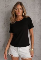 Czarny Gładki T-shirt Bawełniany z Ozdobnymi Lamówkami z Warkoczowego Splotu Thalia. Czarne t-shirty damskie Renee, m, bez wzorów, z bawełny, bez kołnierzyka, bez ramiączek. Za 49.99 zł.