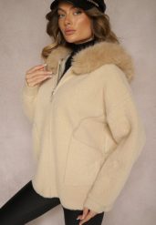 Beżowa Bluza z Wełną z Kapturem i Kieszeniami Ozdobiona Futerkiem Siliti. Brązowe bluzy damskie Renee, na zimę, l, bez wzorów, z jeansu, eleganckie, bez ramiączek, z kapturem. Za 169.99 zł.