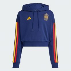 Bluza z kapturem Hiszpania DNA. Niebieskie bluzy damskie Adidas, uniwersalny, bez wzorów, z bawełny, klasyczne, bez ramiączek, z kapturem. Za 259.00 zł.