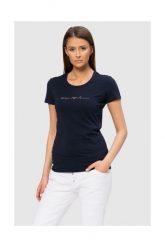 EMPORIO ARMANI Granatowy t-shirt z kryształkami. Niebieskie t-shirty damskie Emporio Armani, s, bez wzorów, z bawełny, bez kołnierzyka, bez ramiączek. W wyprzedaży za 199.99 zł.