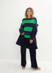 Sweter z okrągłym dekoltem, w szerokie paski. Niebieskie swetry nierozpinane damskie bonprix, bez wzorów, bez kołnierzyka, bez ramiączek. Za 89.99 zł.