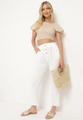 Białe Spodnie z Wysoką Talią Typu Paper Bag z Gumką w Pasie Noravia. Białe spodnie materiałowe damskie Born2be, bez wzorów, z jeansu, eleganckie. Za 39.99 zł.