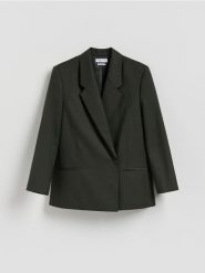 Marynarka z wełną - zielony. Zielone marynarki i żakiety damskie Reserved, bez wzorów, z tkaniny, bez kołnierzyka, bez ramiączek. Za 329.99 zł.