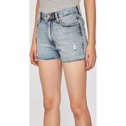 Tommy Jeans - Szorty. Niebieskie szorty damskie Tommy Jeans, bez wzorów, z bawełny, casualowe, z podwyższonym stanem. W wyprzedaży za 239.90 zł.