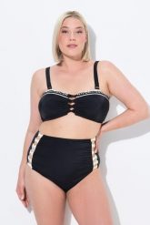 Damskie Bikini wstążki miękkie miseczki regulowane ramiączka wysoki stan. Czarne stroje kąpielowe damskie Ulla Popken, plus size, bez wzorów, z elastanu. Za 201.99 zł.