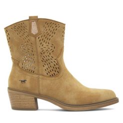 Kowbojki Mustang. Brązowe botki damskie Mustang, bez wzorów, bez obcasa, na słupku, bez zapięcia. Za 309.99 zł.