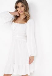 Biała Sukienka Auxede. Białe sukienki damskie Born2be, na imprezę, bez wzorów, z tkaniny, bez kołnierzyka, bez ramiączek, mini, rozkloszowane. Za 64.99 zł.