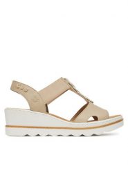 Rieker Sandały 67498-62 Beżowy. Brązowe sandały damskie Rieker, bez wzorów, z materiału, bez obcasa, na koturnie, bez zapięcia. Za 239.99 zł.
