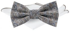 Męska Mucha w Komplecie z Poszetką - Chattier - Popiel z Akcentami Brązu. Szare krawaty i muchy Chattier, bez wzorów, eleganckie. Za 65.00 zł.