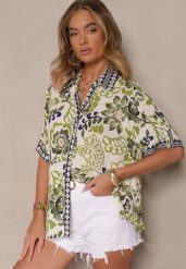 Zielona Wiskozowa Koszula w Kwiaty Milandena. Zielone koszule damskie Renee, l, bez wzorów, z jeansu, eleganckie, bez kołnierzyka, bez ramiączek. Za 69.99 zł.