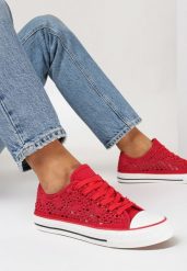 Czerwone Ażurowe Trampki z Cholewką Przed Kostkę Iilira. Czerwone trampki i tenisówki damskie Born2be, z aplikacjami, przed kostkę, bez zapięcia. Za 44.99 zł.