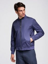 Lekka bomberka męska ze ściągaczami – granatowa V4 - Rozmiar: L. Niebieskie kurtki męskie Ombre Clothing, na jesień, l, bez wzorów, eleganckie, bez kaptura. Za 239.99 zł.