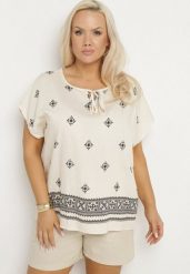 Jasnobeżowa Bluzka ze Wzorem w Stylu Boho Frolzedi. Brązowe bluzki damskie Born2be, xl, bez wzorów, z jeansu, boho, bez kołnierzyka, bez ramiączek. Za 44.99 zł.