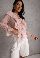 Różowa Bluzka z Lyocellem w Stylu Boho z Wiązaniem pod Szyją i Falbanami Tasimi. Czerwone bluzki damskie Renee, l, bez wzorów, z jeansu, boho, bez kołnierzyka, bez ramiączek. Za 99.99 zł.