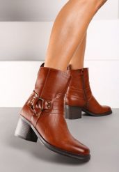 Brązowe Botki na Słupku w Stylu Kowbojek z Klamrami Irivaria. Brązowe botki damskie Renee, bez wzorów, z jeansu, boho, bez obcasa, na obcasie, bez zapięcia. Za 159.99 zł.