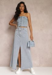 Jasnoniebieska Postrzępiona Spódnica Maxi z Jeansu z Rozcięciem Feedi. Niebieskie spódnice damskie Renee, m, bez wzorów, z jeansu, z podwyższonym stanem, maxi, trapezowe. Za 69.99 zł.