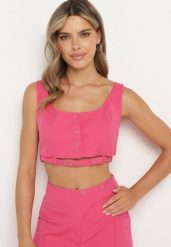 Fuksjowy Top Zapinany na Napy z Ozdobnym Paskiem Tiamarose. Czerwone topy damskie Born2be, m, bez wzorów, z jeansu, eleganckie, bez kołnierzyka, bez ramiączek. Za 64.99 zł.